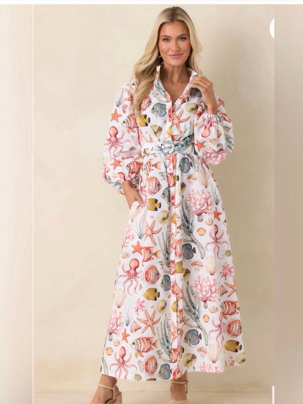 PARADISA ANNA MARIA MULTI LINEN COASTAL PRINT MAXI DRESS Fish Ocean $248 Med